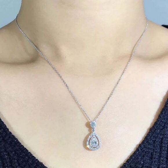 Silver Teardrop Pear Round Pendant CZ Stone Drop Necklace - Picture 6 of 6